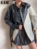 White Black Color-block Pu Leather Big Size Jacket New Lapel Long Sleeve Women Coat Fashion Spring Autumn 2023