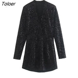 Women Vintage V Neck Sequined Black Mini Dress Office Lady Chic Long Sleeve Side Zipper Casual Slim Party Vestidos