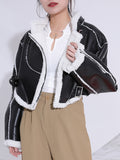 2023 New Autumn And Winter Turn-down Collar Full Sleeves PU Leather Flocking Waist Jacket Female Coat Tide Warm