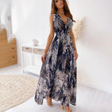Long Maxi Dress Women 2021 Sexy Sleeveless Print Boho Dress Deep V Neck Vintage Backless Dresses For Women Robe