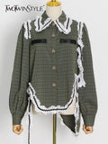 Patchwork Gingham Shirt For Women Lapel Long Sleeve Colorblock Button Through Blouse Female Fashion Clothing
