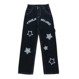 Women Street Jeans Retro Star Print Harajuku Wide-Leg Oversized Jeans High-Waist Casual Hip-Hop Black Trousers Autumn