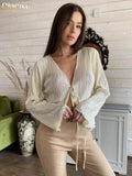 Sexy White Lace-Up Women'S Shirt Summer Bodycon Long Sleeve Blouses Ladies Fashion Pleated Top Female Clothing