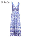 TWOTWINSTYLE Print Chic Dress For Women V Neck Sleeveless High Waist Colorblcok Midi Sling Dresses Females Summer Fashion