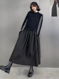 Women Black Color-block Knitting Long Dress New Round Neck Long Sleeve Loose Fit Fashion Tide Autumn Winter 2022