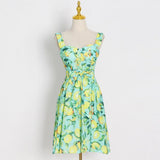 Vintage Print Sling Dress For Women Square Collar Sleeveless High Waist Folds Mini Dresses Female Fashion