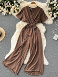 V Neck Jumpsuits Summer Female Irregular Casual Rompers Women Wide leg Summer Overalls