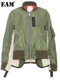 Loose Fit Army Green Lambswool Big Size Jacket New Stand Collar Long Sleeve Women Coat Fashion Autumn Winter 2022