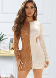 Contrast Color Cut Out Sexy Long Sleeve Sequin Mini Club