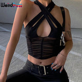 Puss Y2K Sexy Hollow Women Halter Tank Tops Sleeveless Ruched Patchwork Mesh Camisole Clubwear Fashion Solid Vest