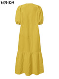 Summer Shirt Dress Women Casual Half Sleeve V Neck Button Down Pleated Long Dresses VONDA Ladies 2022 Bohemian Vestidos