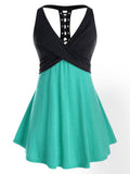 Tank Top Women Sleeveless Colorblock Shirt Summer Casual Ladies Lace Up Crossover Tanks V Neck