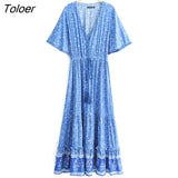 Vintage Print Maxi Dress Waist tie Ruffle Hem Boho Dresses Women Beach Long Dresses V-Neck Short Sleeve Summer Dress