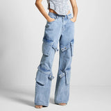 Toloer 2024 New Fashion Retro Multi-Pocket Design Sense Strap Jeans Women's Straight Tube Casual Versatile Pants-Outfit