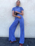 Fashion Women's 2 Pcs Set Pleated New Round Neck Loose Short Sleeve Tops And Highwaist Straight Pants Summer 2023