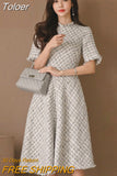 Korean Elegant Midi Tweed Dress Women Luxury Chic Casual Plaid Slim Gown Robe Femme Ladies Female Mujer Party