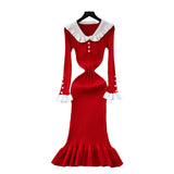 New Retro Bumpy Dolls To Receive Waist Knitted Dress Female Elastic Temperament Lotus Leafy