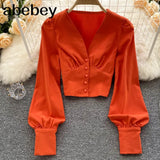 New Spring Shirts Women Elegant Vintage Solid Long Sleeves Slim Tops Fashion Button Sexy Streetwear Short