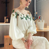Patchwork Elegant Satin Blouse Women Vintage Lantern Sleeve Embroidered Woman Shirt Solid O-neck Tops Women Clothing