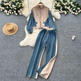 Suit Women's Port Wind Casual Colliding Color Splicing Collar Zipper Fake Two-Piece High-Waisted Cowboy Broad Leg