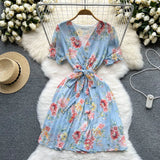 Summer Vintage Women Pleated Chiffon Dress Elegant Floral V-Neck Short Sleeve High Waist Draped A-Line Vestidos Female New
