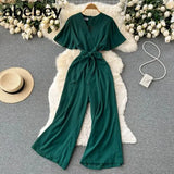 V Neck Jumpsuits Summer Female Irregular Casual Rompers Women Wide leg Summer Overalls