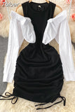 Shoulder Shirt Patchwork Bodycon Mini Dress Women Fashion Streetwear O-neck Long Sleeve Slim Drawstring Ruched Party