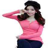Toloer Autumn Button Thread Solid Color Long Sleeve T-Shirt Female Slim Korean New Plus Size Top Bottom