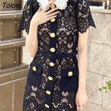 Black Lace Dress Women Single-breasted White Neck Elegant Vestido Dresses Lady Golden Button Hollow Flower Hook