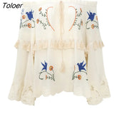 Sexy Off-shoulder Top Vintage Embroidery Blouse Shirt Hollow out Tassel Chic Boho Tops Loose Casual Women Shirts