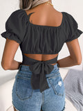 Neck Crisscross Flounce Sleeve Cropped