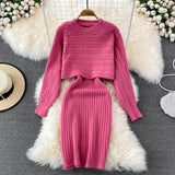 Beading Knitted Women Sets Loose Long Sleeves Sweater+ Solid Elastic Dress French Style Casual Two Piece