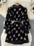 Fashion Temperament Velvet Woman Dress Cute Bear Print Lace-up Waist Long Sleeve Short Dresses Women Button-up