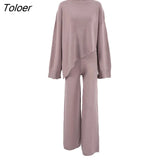 Office Elegant Pant Sets Turtleneck Irregular Sweater Outfit Autumn Winter 2 Piece High Waist Wide Leg Pant Suit Women