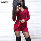 V-neck Long Sleeve Women's Playsuit Front Split Double-breasted Wide Leg Short Jumpsuit Women Summer Skinny Casual
