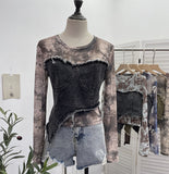 Shooting Tie-Dye Print Spliced Denim T-Shirt Girl Autumn Design Sense Irregular Hair Side Short-Sleeved Top