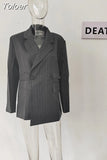 Fashion Women's Notched Collar Spliced Diagonal Buckle Striped Blazer Loose High Waist Grey Skirt Spring 2023 New