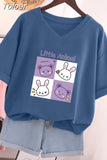 Plus Size T Shirt 100% Cotton L-5XL Tshirt Short Sleeve Women Top 2023 Summer Cartoon T Shirt V Neck Oversized T