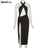 Puss Halter Women Sundress Stacked Drawstring Hollow Split Skinny Maxi Dresses Backless Sexy Party Trend Elastic