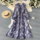 Autumn Women Blue/Red/Black Printed Party Dress Bohemian Puff Long Sleeve High Waist Ruffle Collar Midi Robe Female Vestidos