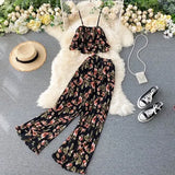 Bohemian Floral Two Piece Set Women Sexy Slash Neck Spaghetti Strap Short Tops + High Waist Wide Leg Pants Pleated 2pcs Suit