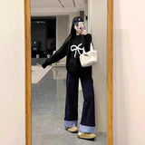 Blue Roll Edge Design Wide Leg Slack Women 2025 Spring And Autumn High-Waist Loose Straight Straight