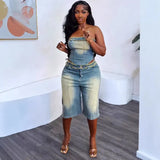 Women's Jeans Set Women's Fashion Blouse Wrapped Corset High-Waisted Denim