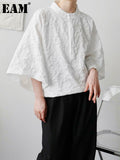 Women White Jacquard Big Size Blouse New Stand Collar Three-quarter Sleeve Shirt Fashion Tide Spring Autumn 2023