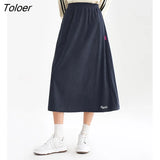 Women Corduroy Skirt 2023 Spring A Line Elastic Waist Loose Split Hem Embroidery Navy Chic Casual Streetwear Midi