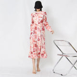 Loose Midi Dress For Women Stand Collar Lantern Sleeve High Waist Cut Out Print Colorblock Dresses Female