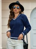 Women's Temperament V-Neck Long-Sleeved Sweater Fashion Jersey Thread White-Bordered Cuffs Knitted