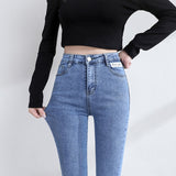 High-Stretch Women's Jeans Slit Hem Design Summer Korean Casual Streetwaear Apear Peach Hips Denim Pants Cotton HGood