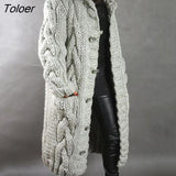 Coat Buttons Knitted Cardigan Women Long Sleeve Warm Winter Twist Pocket Hooded