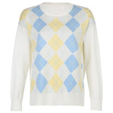 White Casual Plaid Argyle Sweater Ladies Y2K Preppy Style Vinage Knit Jumper Women Antumn Winter Pullover